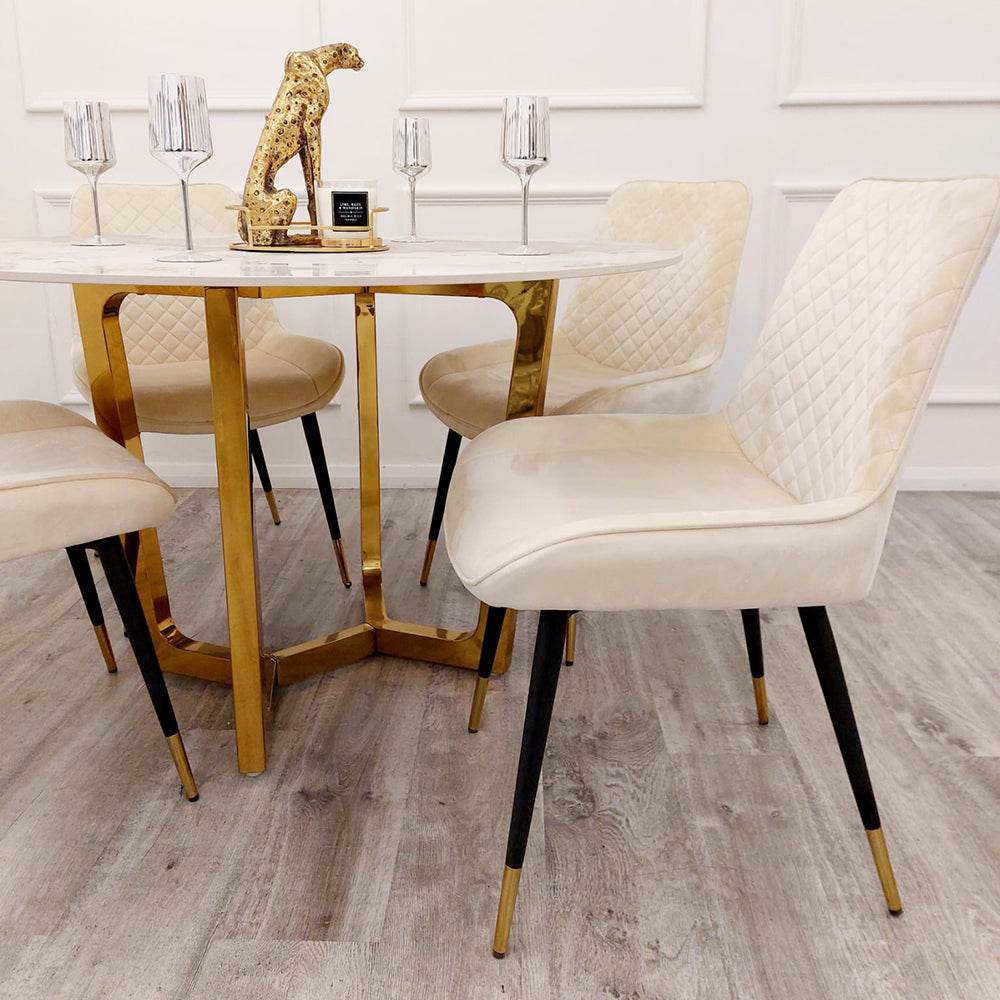 Lucien Gold 1.2M Round Dining Table with Elegant Sintered Stone Top and Sturdy Pedestal Base - UK Luxury Furniture