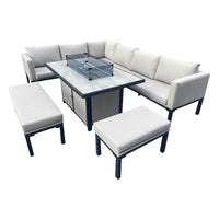 Luxury 5-Piece L-Shaped Outdoor Dining Set with Quick-Dry Cushions & Fire Pit Table in Beige - UK Luxury Furniture