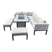 Luxury 5-Piece L-Shaped Outdoor Dining Set with Quick-Dry Cushions & Fire Pit Table in Beige - UK Luxury Furniture
