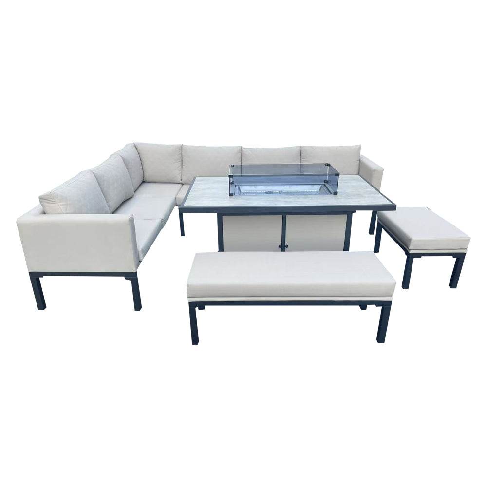 Luxury 5-Piece L-Shaped Outdoor Dining Set with Quick-Dry Cushions & Fire Pit Table in Beige - UK Luxury Furniture