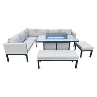 Luxury 5-Piece L-Shaped Outdoor Dining Set with Quick-Dry Cushions & Fire Pit Table in Beige - UK Luxury Furniture