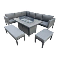 Luxury 5-Piece Grey L-Shaped Outdoor Dining Set With Quick-Dry Cushions & Fire Pit Table - UK Luxury Furniture