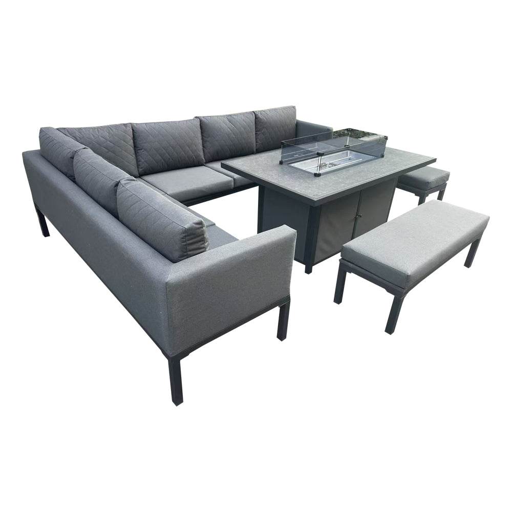 Luxury 5-Piece Grey L-Shaped Outdoor Dining Set With Quick-Dry Cushions & Fire Pit Table - UK Luxury Furniture