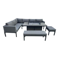 Luxury 5-Piece Grey L-Shaped Outdoor Dining Set With Quick-Dry Cushions & Fire Pit Table - UK Luxury Furniture