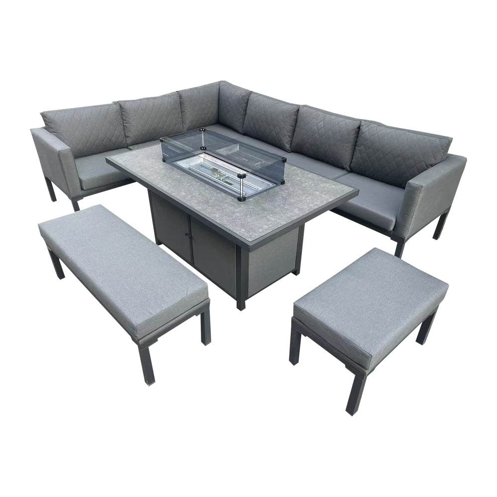 Luxury 5-Piece Grey L-Shaped Outdoor Dining Set With Quick-Dry Cushions & Fire Pit Table - UK Luxury Furniture