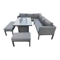 Luxury 5-Piece Grey L-Shaped Outdoor Dining Set With Quick-Dry Cushions & Fire Pit Table - UK Luxury Furniture