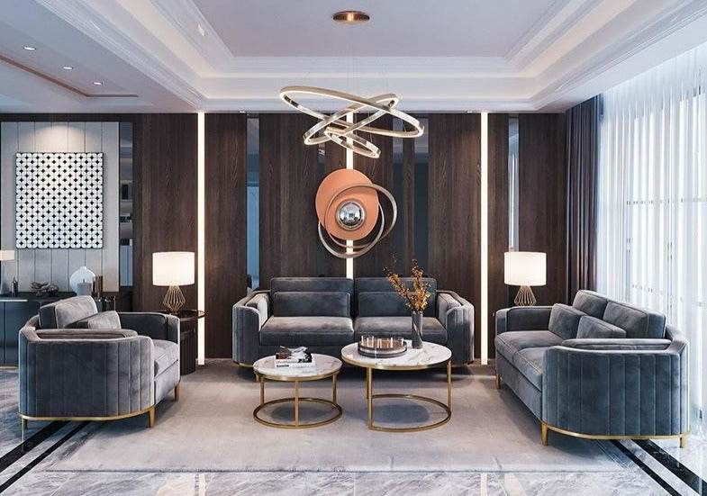 Luxury Brooklyn Sofa Suite Set in Grey Velvet - Stylish Tumbling Design with Gold Legs - UK Luxury Furniture