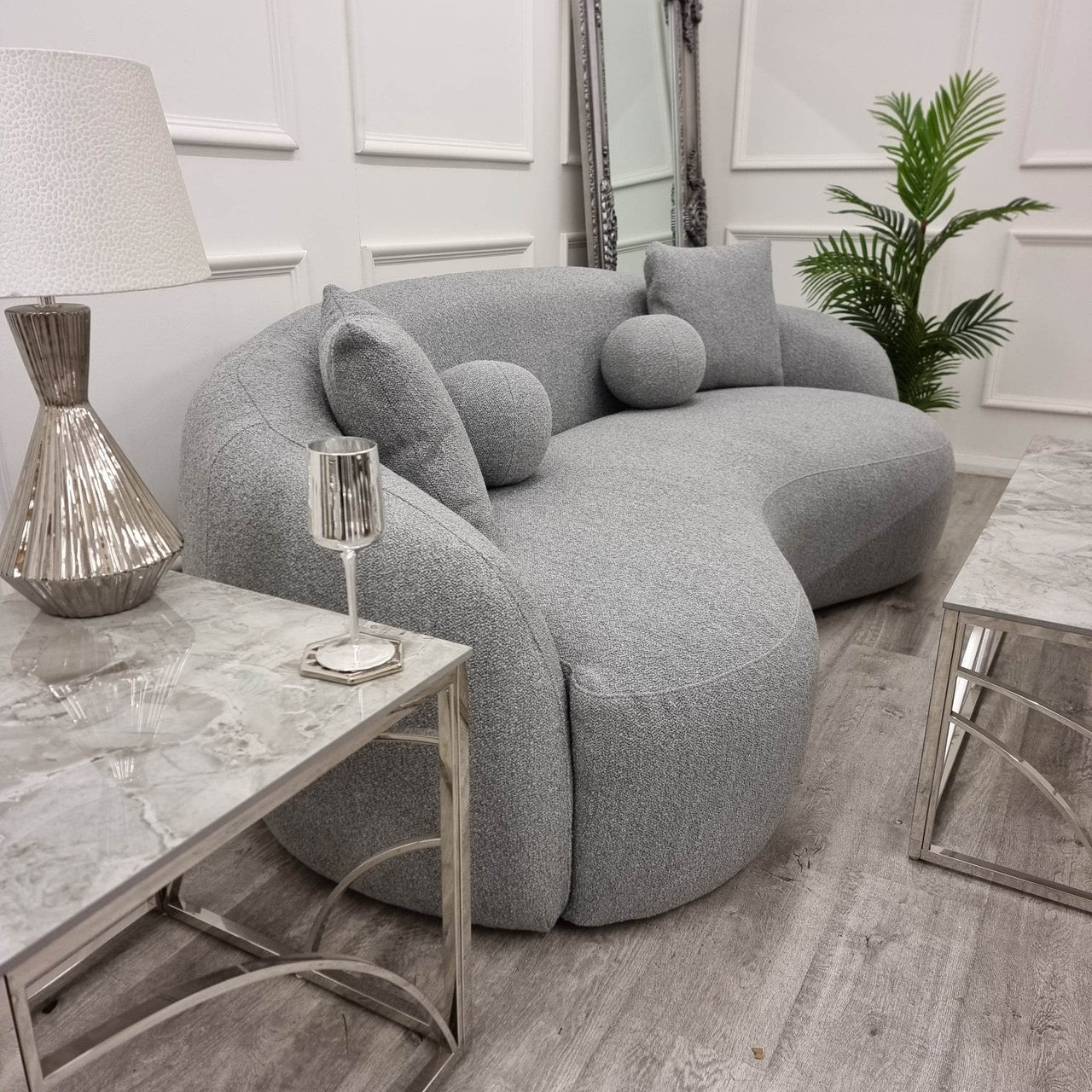 Luxury Grey Boucle 3-Seater Curved Sofa - La Concha Wave Design for Elegant Home Decoration - UK Luxury Furniture