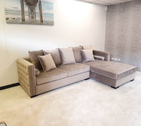Moscow Luxury Mink Velvet Corner Settee Suite Sofa with Button Detailing & Scatter Cushions - UK Luxury Furniture