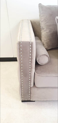 Moscow Luxury Mink Velvet Corner Settee Suite Sofa with Button Detailing & Scatter Cushions - UK Luxury Furniture