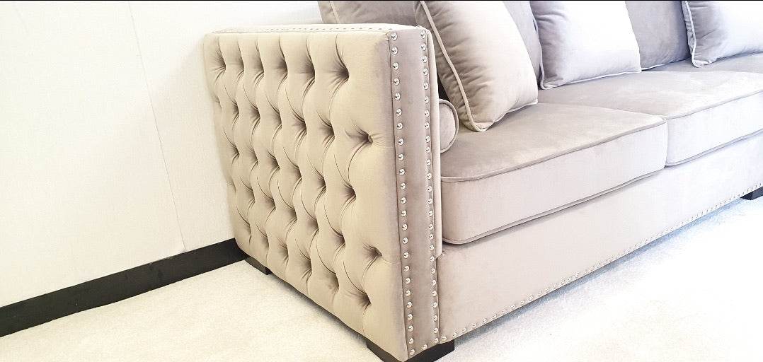 Moscow Luxury Mink Velvet Corner Settee Suite Sofa with Button Detailing & Scatter Cushions - UK Luxury Furniture