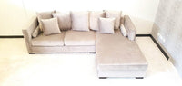 Moscow Luxury Mink Velvet Corner Settee Suite Sofa with Button Detailing & Scatter Cushions - UK Luxury Furniture