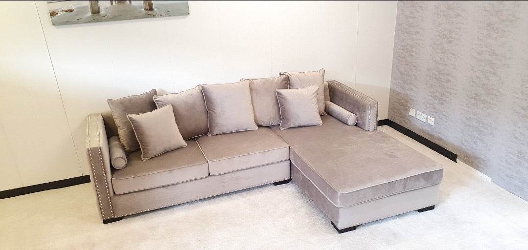 Moscow Luxury Mink Velvet Corner Settee Suite Sofa with Button Detailing & Scatter Cushions - UK Luxury Furniture