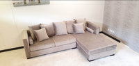 Moscow Luxury Mink Velvet Corner Settee Suite Sofa with Button Detailing & Scatter Cushions - UK Luxury Furniture