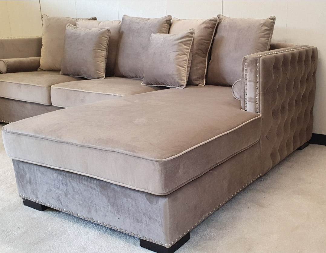 Moscow Luxury Mink Velvet Corner Settee Suite Sofa with Button Detailing & Scatter Cushions - UK Luxury Furniture
