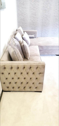 Moscow Luxury Mink Velvet Corner Settee Suite Sofa with Button Detailing & Scatter Cushions - UK Luxury Furniture