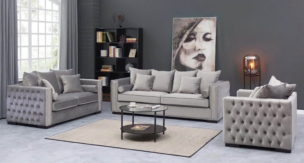 Luxury Grey Silver Velvet Moscow Sofa Sets with Deep Buttoned Chesterfield Design - UK Luxury Furniture