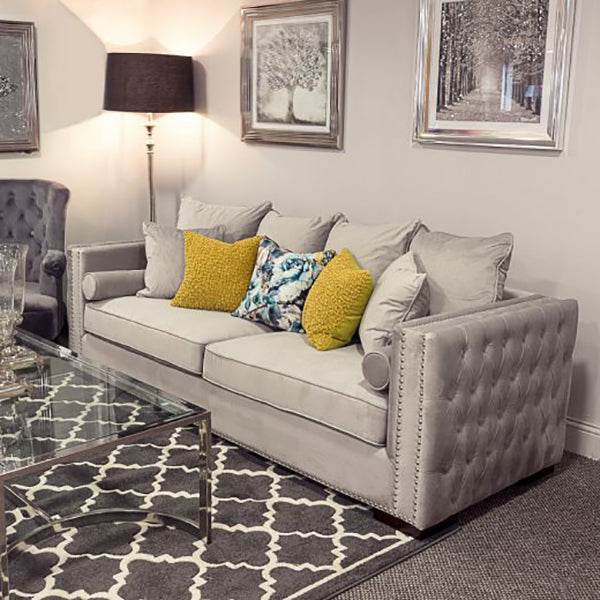 Luxury Grey Silver Velvet Moscow Sofa Sets with Deep Buttoned Chesterfield Design - UK Luxury Furniture