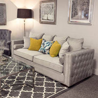 Luxury Grey Silver Velvet Moscow Sofa Sets with Deep Buttoned Chesterfield Design - UK Luxury Furniture