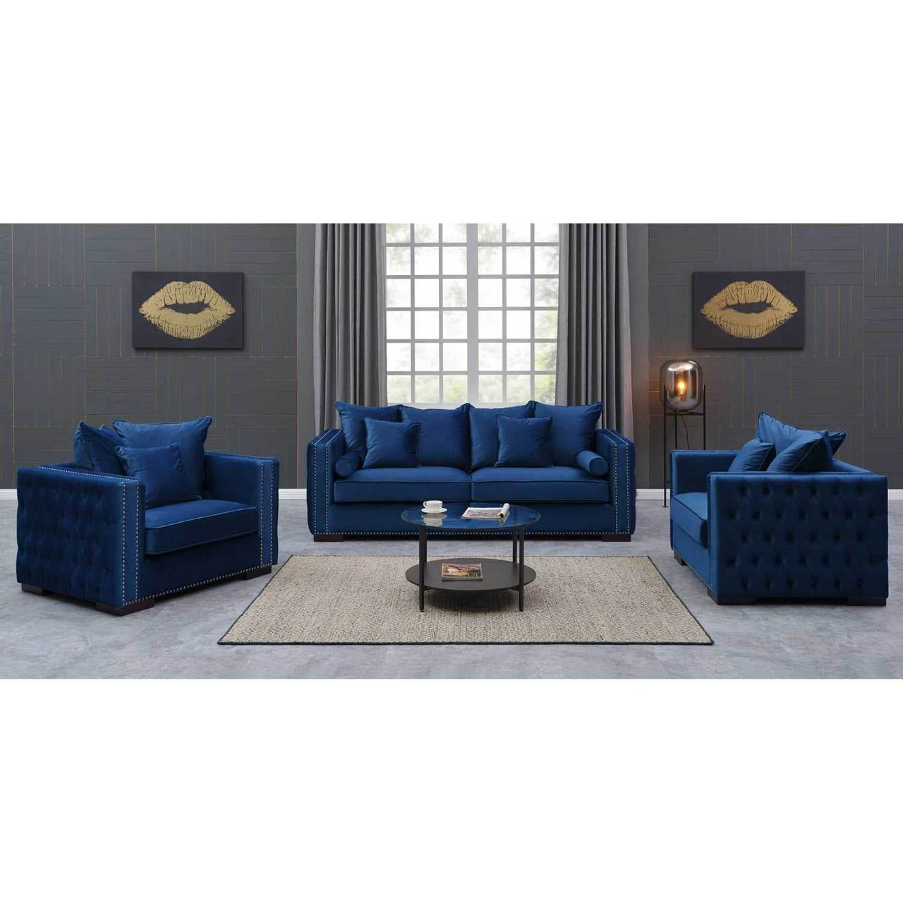 Luxurious Moscow Sofa Sets in Navy Blue Velvet with Chesterfield Detailing – 1, 2 or 3 Seater Options - UK Luxury Furniture
