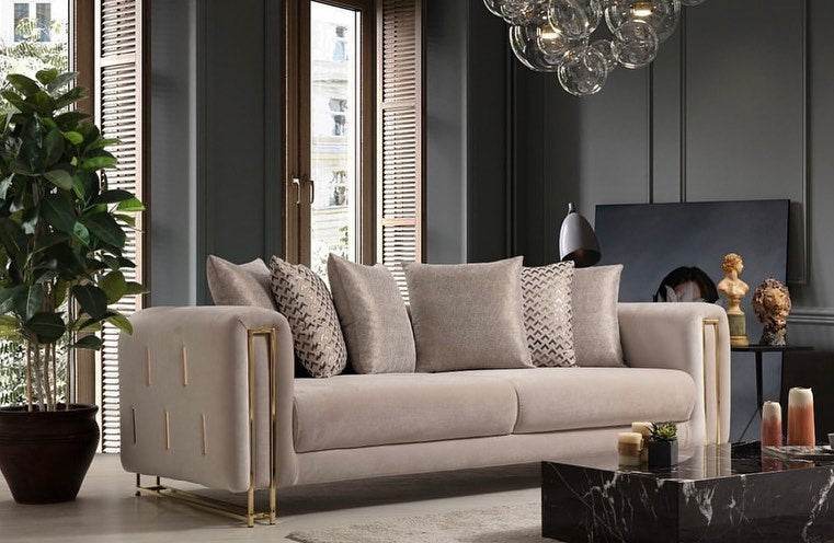 Sydney Luxury Sofa Suite Set in Cream Velvet with Exquisite Metal Detailing - UK Luxury Furniture