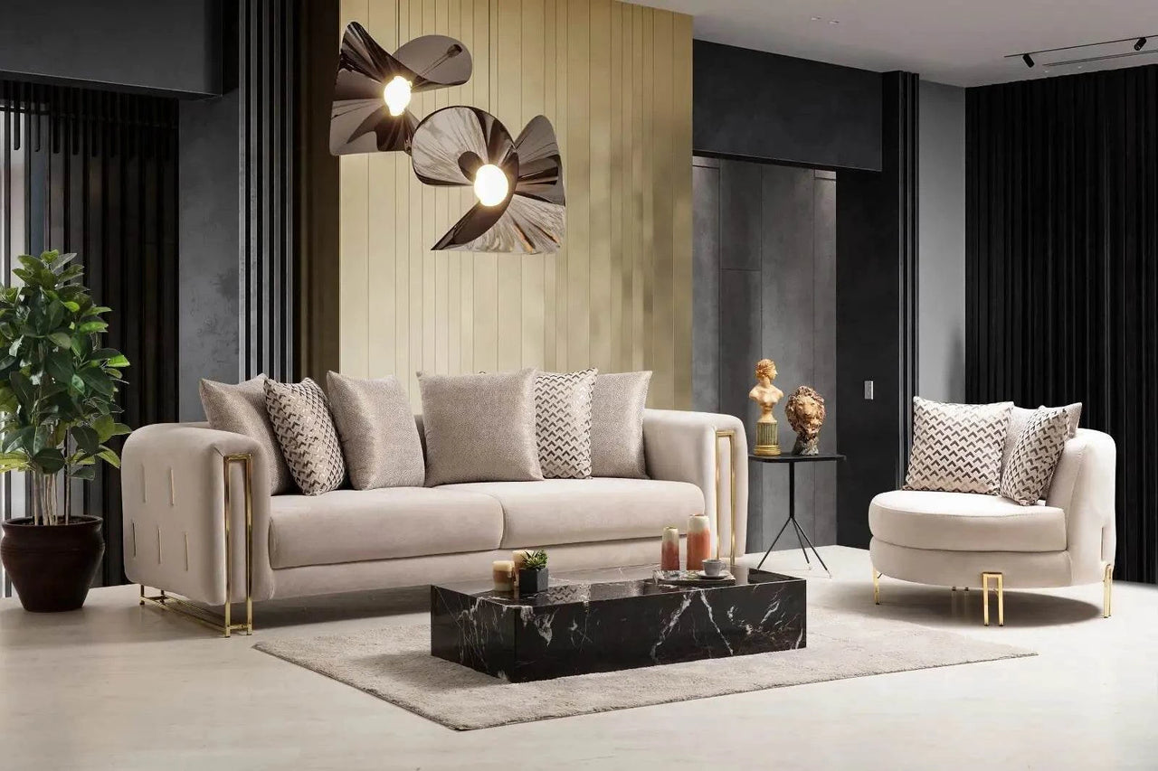 Sydney Luxury Sofa Suite Set in Cream Velvet with Exquisite Metal Detailing - UK Luxury Furniture