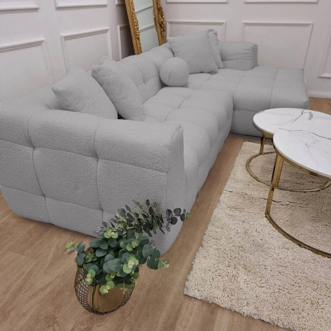 Luxury Grey Boucle Corner Sofa - Elegant Bubble Design with Floating Legs - UK Luxury Furniture