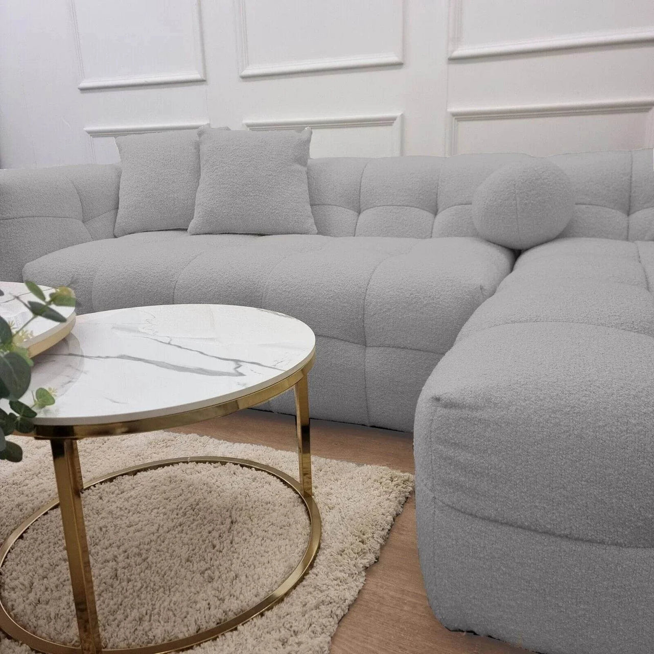 Luxury Grey Boucle Corner Sofa - Elegant Bubble Design with Floating Legs - UK Luxury Furniture