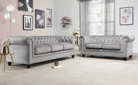 Luxury Grey Velvet Chesterfield Sofa Sets - 1, 2 & 3 Seater Options with Silver Nail Head Trim - UK Luxury Furniture