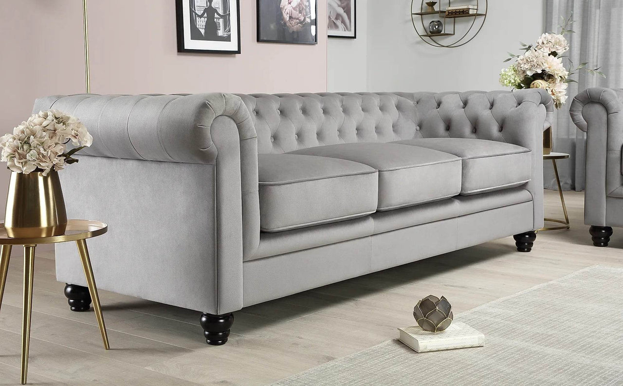 Luxury Grey Velvet Chesterfield Sofa Sets - 1, 2 & 3 Seater Options with Silver Nail Head Trim - UK Luxury Furniture