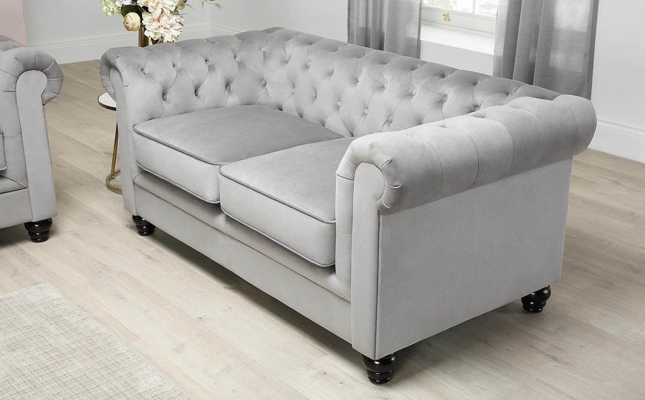 Luxury Grey Velvet Chesterfield Sofa Sets - 1, 2 & 3 Seater Options with Silver Nail Head Trim - UK Luxury Furniture