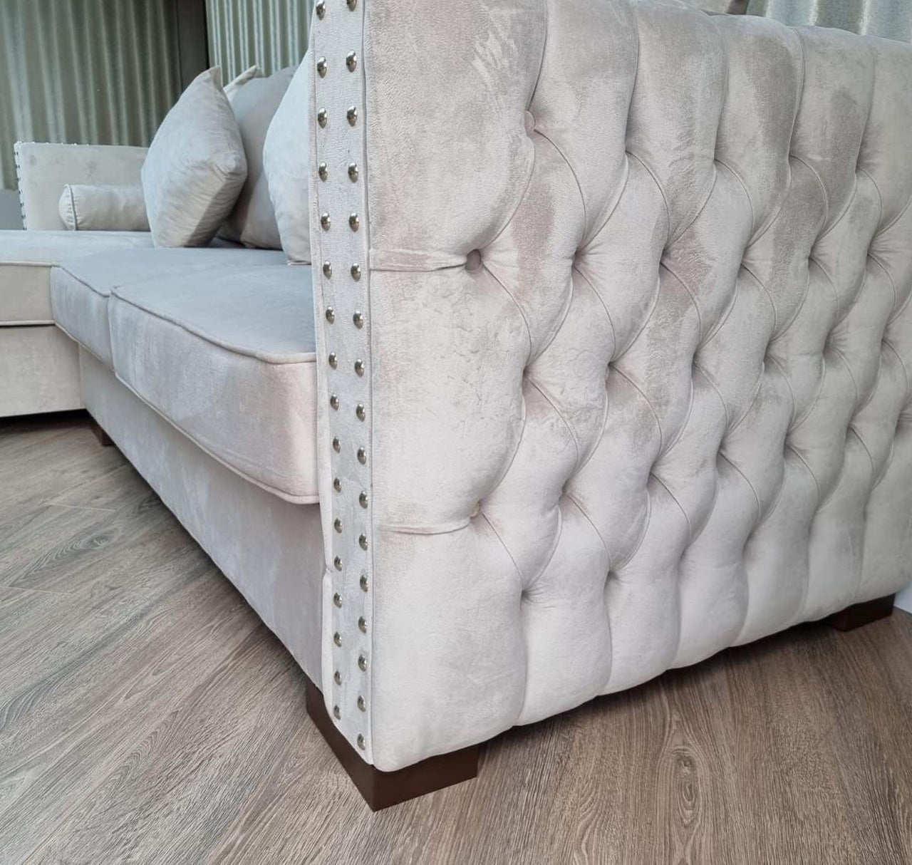Luxury Moscow Corner Sofa in Cream Velvet with Deep Button Detailing & Scatter Cushions - UK Luxury Furniture