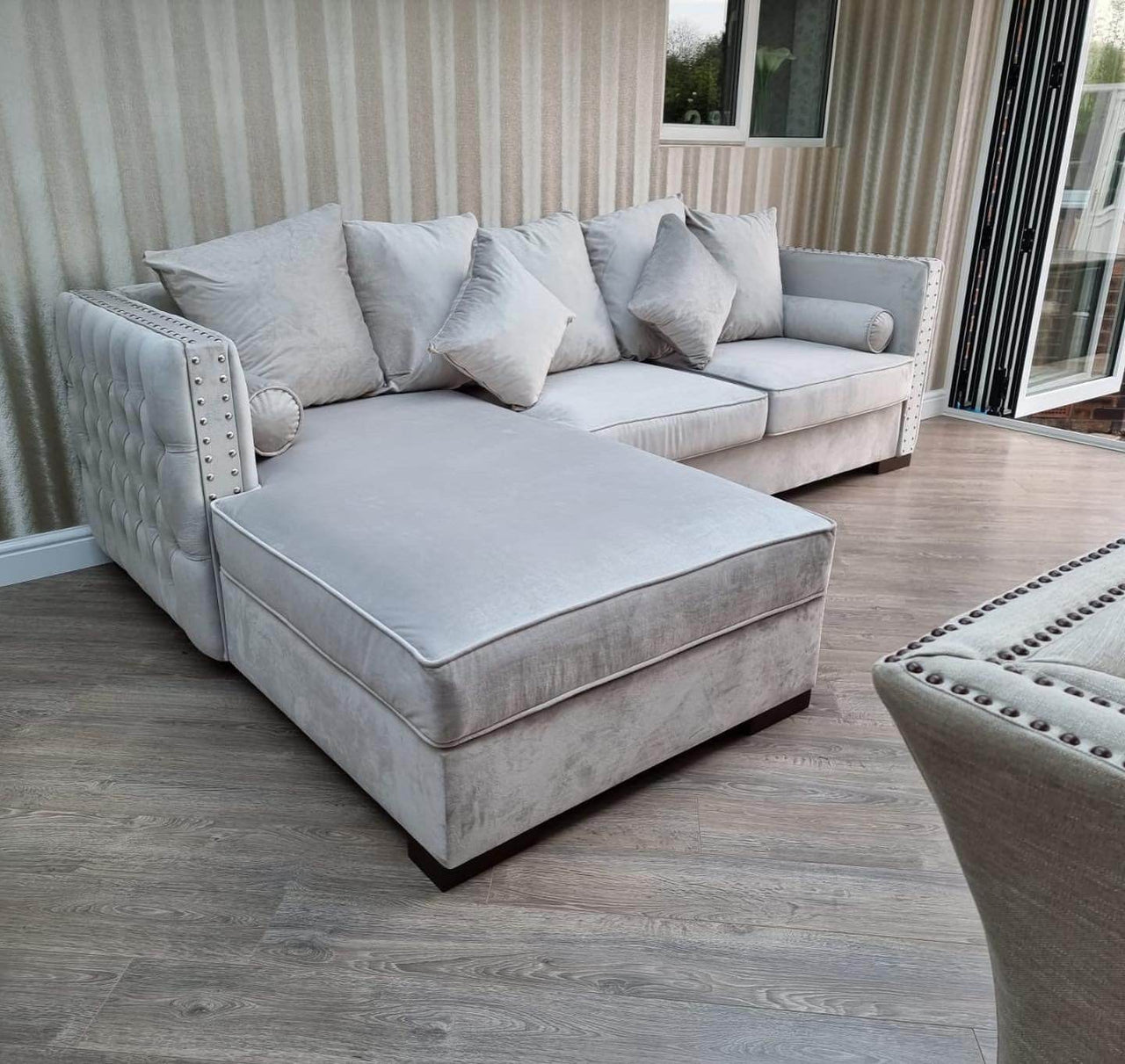 Luxury Moscow Corner Sofa in Cream Velvet with Deep Button Detailing & Scatter Cushions - UK Luxury Furniture