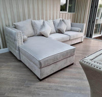 Luxury Moscow Corner Sofa in Cream Velvet with Deep Button Detailing & Scatter Cushions - UK Luxury Furniture