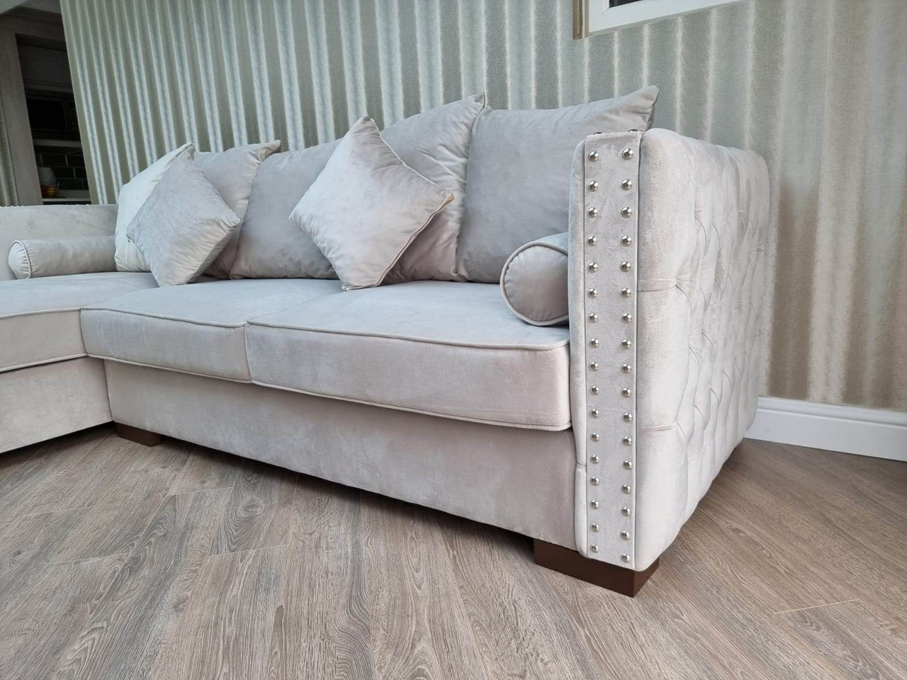Luxury Moscow Corner Sofa in Cream Velvet with Deep Button Detailing & Scatter Cushions - UK Luxury Furniture