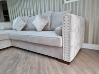 Luxury Moscow Corner Sofa in Cream Velvet with Deep Button Detailing & Scatter Cushions - UK Luxury Furniture