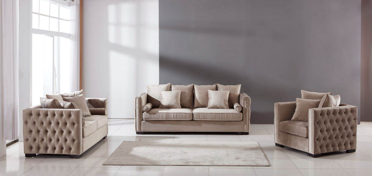Moscow Sofa Sets in Luxurious Mink Velvet with Chesterfield Detailing – 1, 2 & 3 Seater Options - UK Luxury Furniture