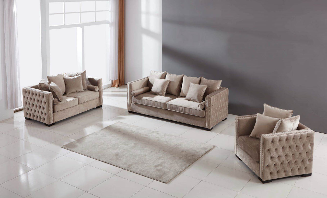 Moscow Sofa Sets in Luxurious Mink Velvet with Chesterfield Detailing – 1, 2 & 3 Seater Options - UK Luxury Furniture