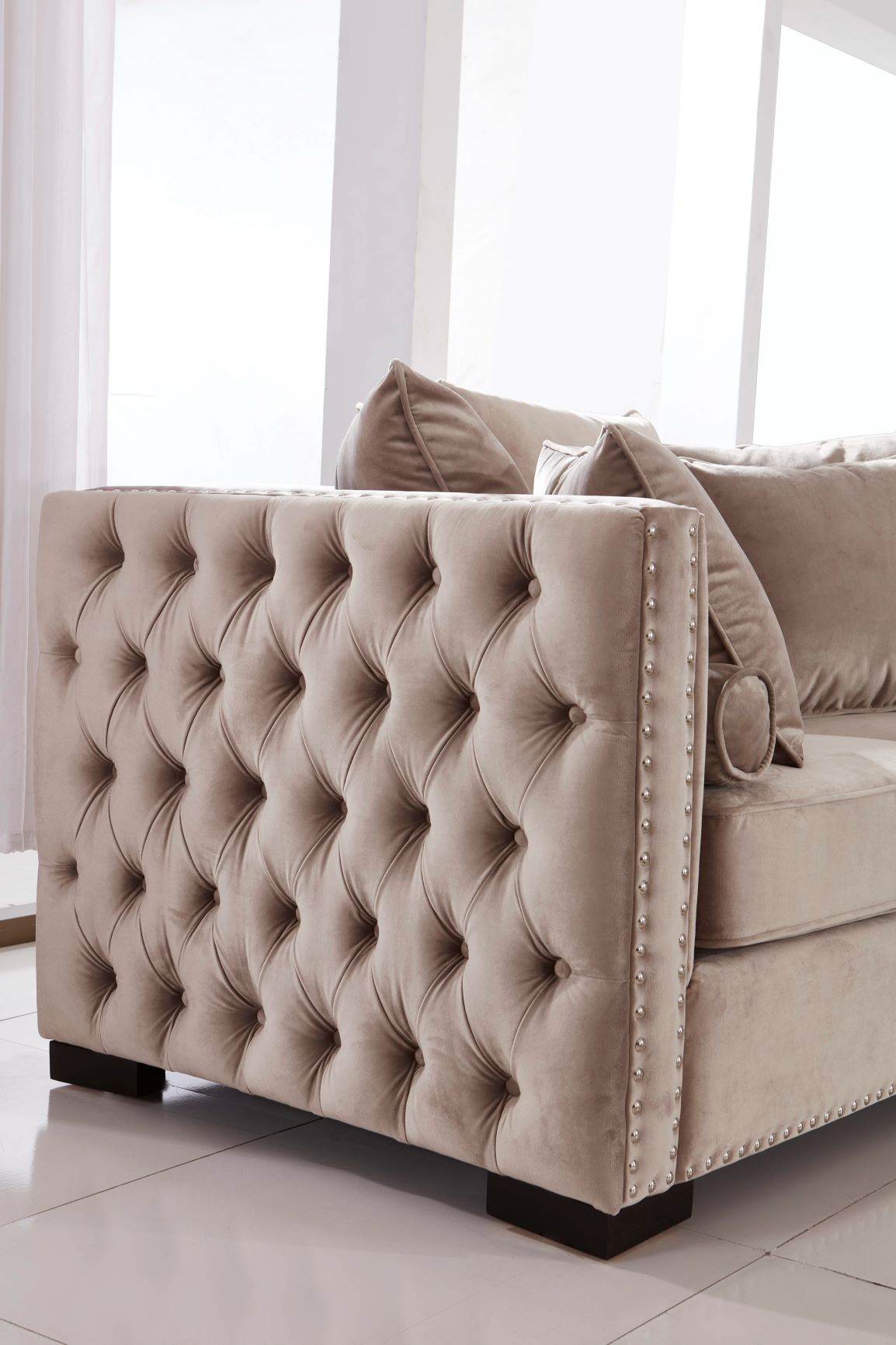 Moscow Sofa Sets in Luxurious Mink Velvet with Chesterfield Detailing – 1, 2 & 3 Seater Options - UK Luxury Furniture