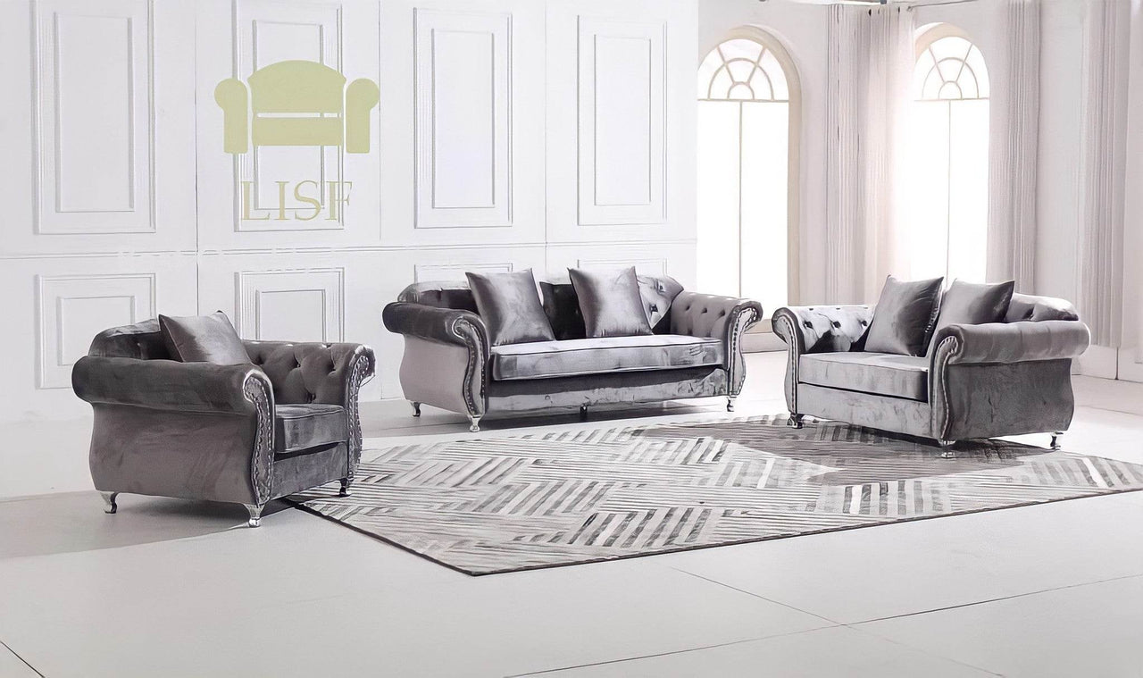 Luxury Dark Grey Velvet Chesterfield Sofa Sets - 1, 2, or 3 Seater with Silver Trim - UK Luxury Furniture