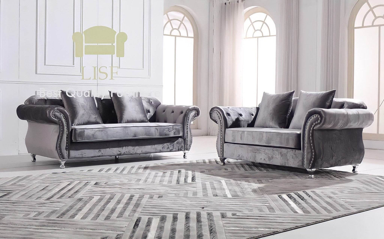 Luxury Dark Grey Velvet Chesterfield Sofa Sets - 1, 2, or 3 Seater with Silver Trim - UK Luxury Furniture
