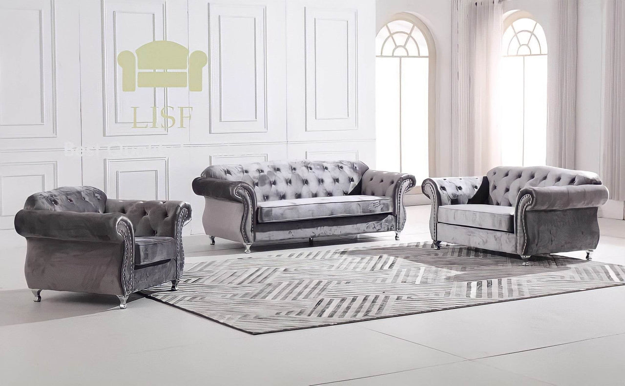 Luxury Dark Grey Velvet Chesterfield Sofa Sets - 1, 2, or 3 Seater with Silver Trim - UK Luxury Furniture