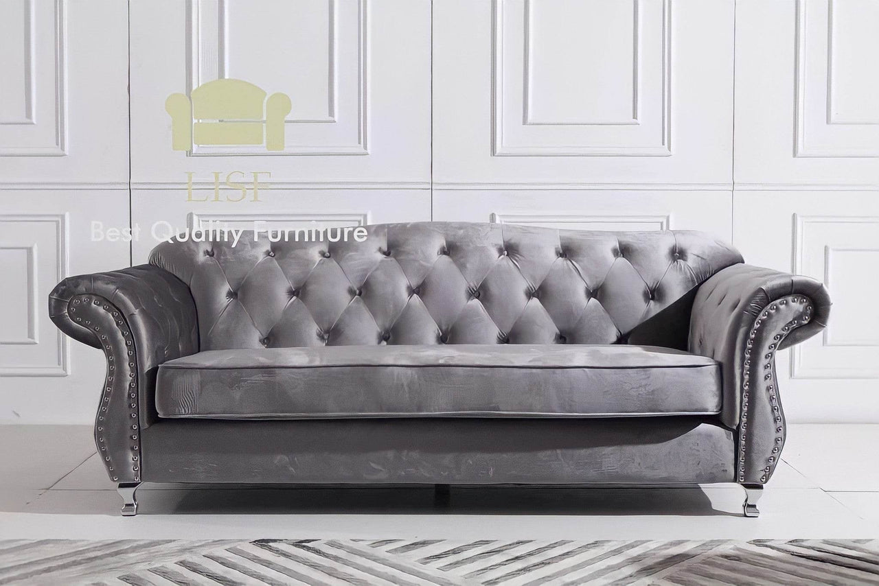 Luxury Dark Grey Velvet Chesterfield Sofa Sets - 1, 2, or 3 Seater with Silver Trim - UK Luxury Furniture