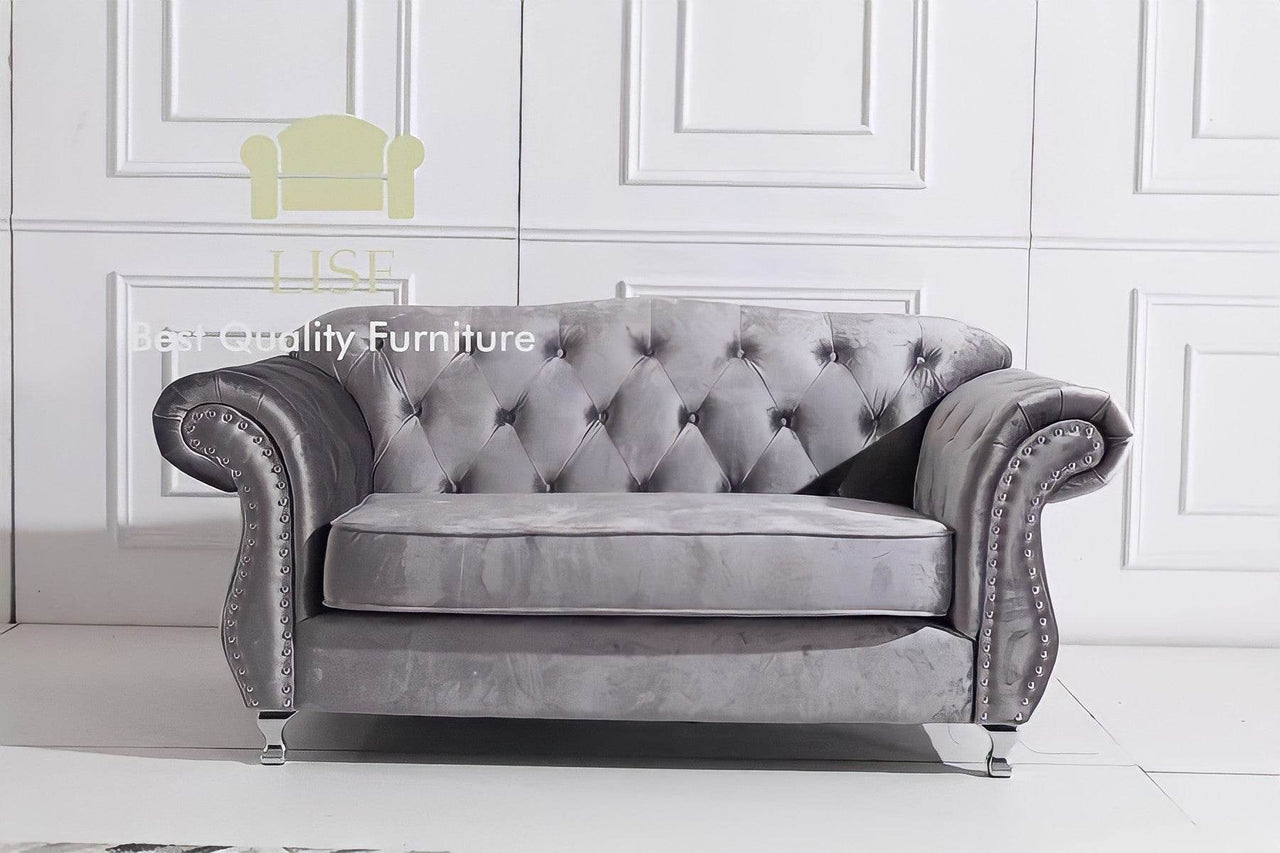 Luxury Dark Grey Velvet Chesterfield Sofa Sets - 1, 2, or 3 Seater with Silver Trim - UK Luxury Furniture