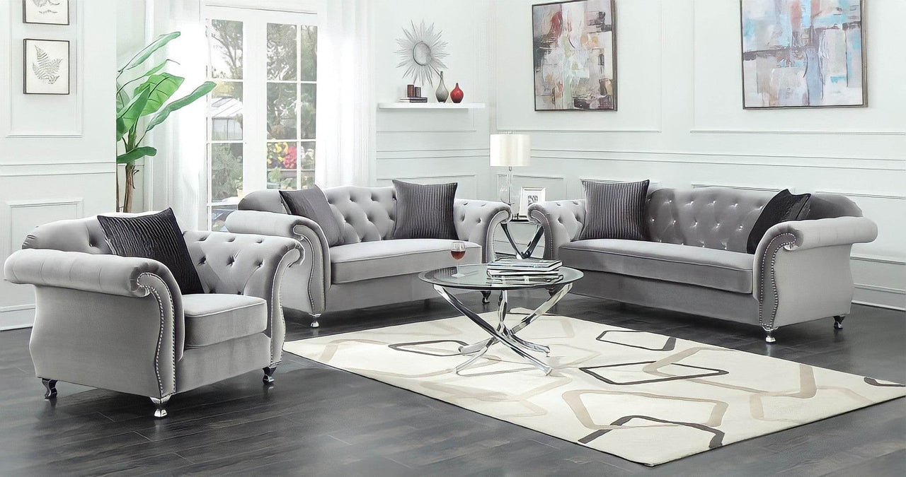 Luxury Grey Velvet Chesterfield Sofa Sets - 1, 2 & 3 Seaters with Silver Nail Head Trim - UK Luxury Furniture