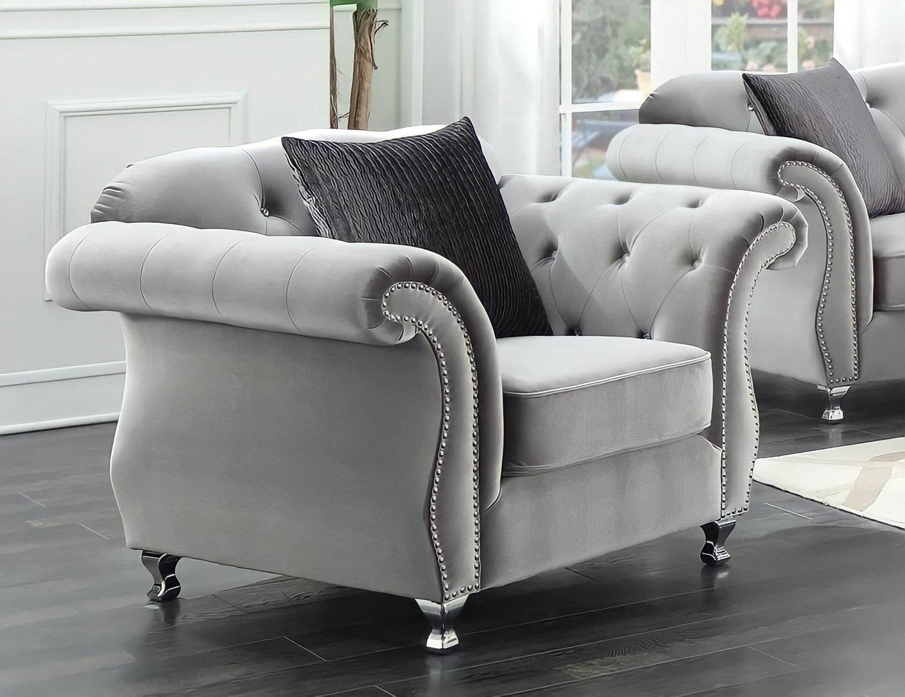 Luxury Grey Velvet Chesterfield Sofa Sets - 1, 2 & 3 Seaters with Silver Nail Head Trim - UK Luxury Furniture