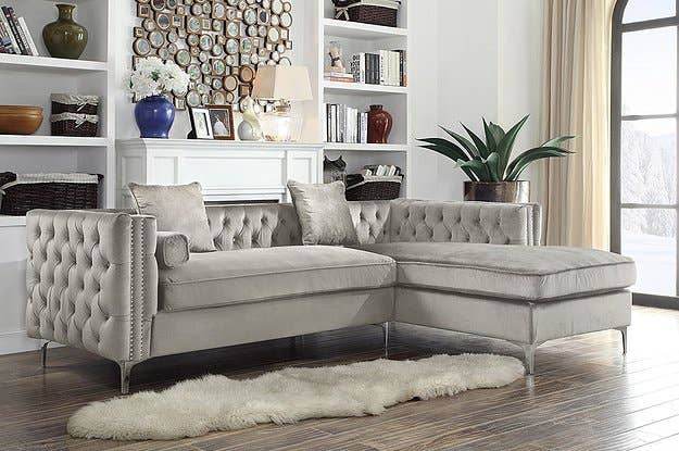 Luxurious Grey Velvet Chesterfield Corner Settee Sofa with Storage & Chrome Legs - UK Luxury Furniture