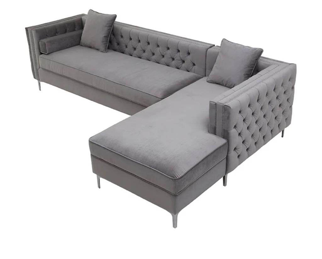 Luxurious Grey Velvet Chesterfield Corner Settee Sofa with Storage & Chrome Legs - UK Luxury Furniture