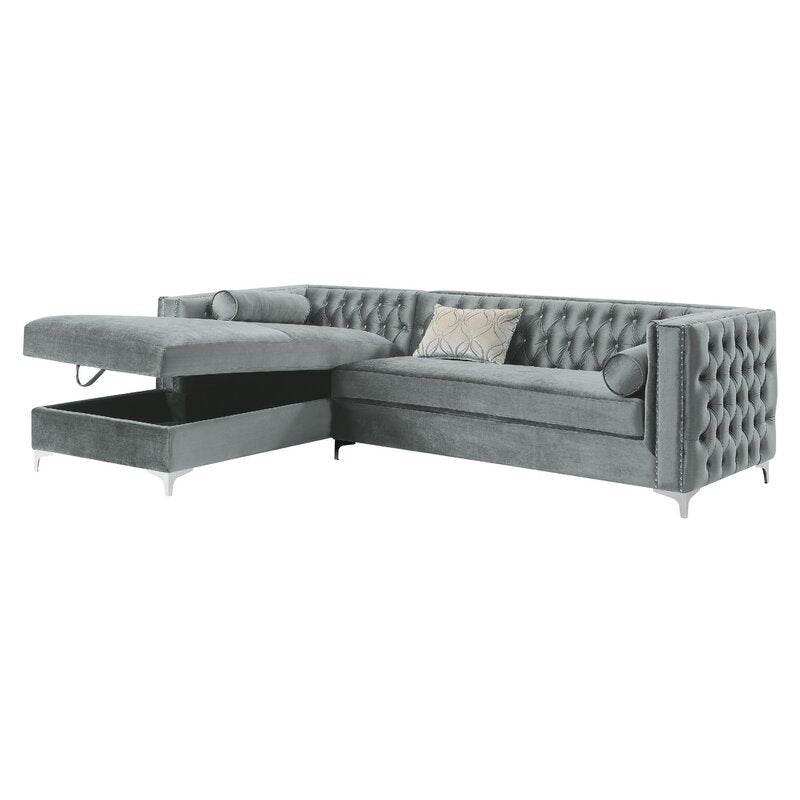 Luxurious Grey Velvet Chesterfield Corner Settee Sofa with Storage & Chrome Legs - UK Luxury Furniture