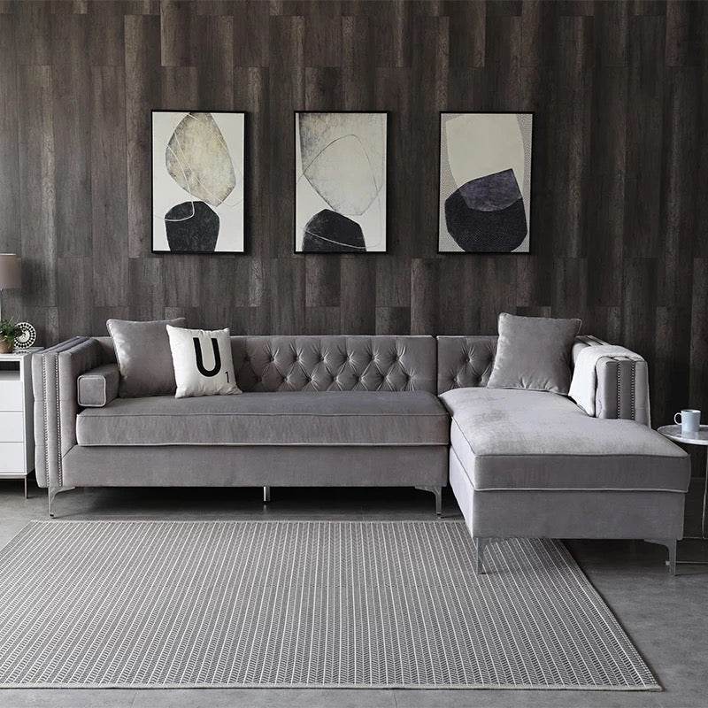 Luxurious Grey Velvet Chesterfield Corner Settee Sofa with Storage & Chrome Legs - UK Luxury Furniture
